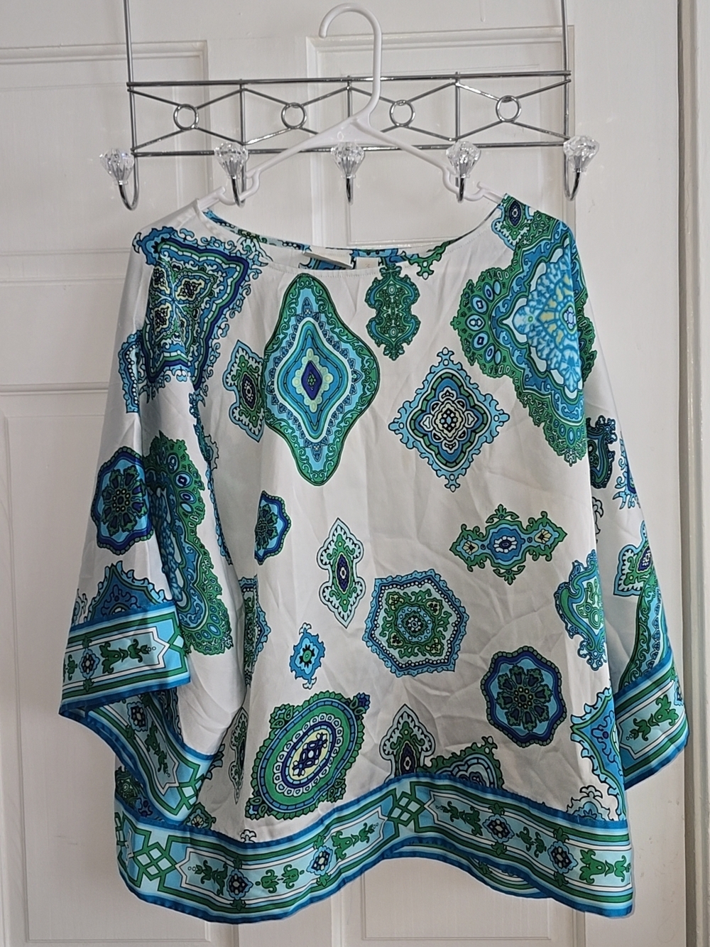 White Top with Blue & Green Medallion Print